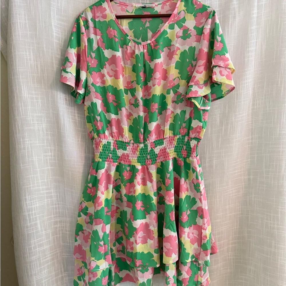 Brand New-Floral Mini Dress in Pink and Green